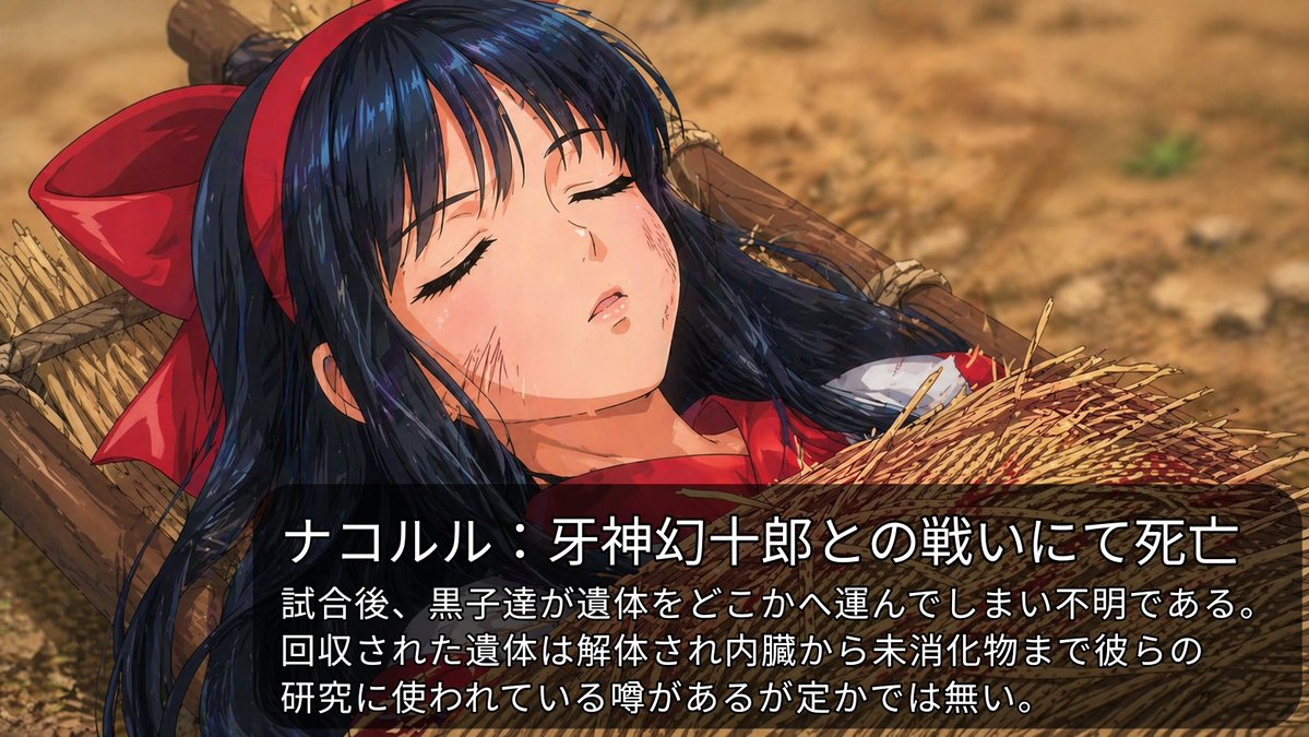 サムスピで運ばれた遺体の謎です
黒子に負けると言われるやつをそのまま使ってみました
当時はこの設定にえらい興奮していました

#AIりょな