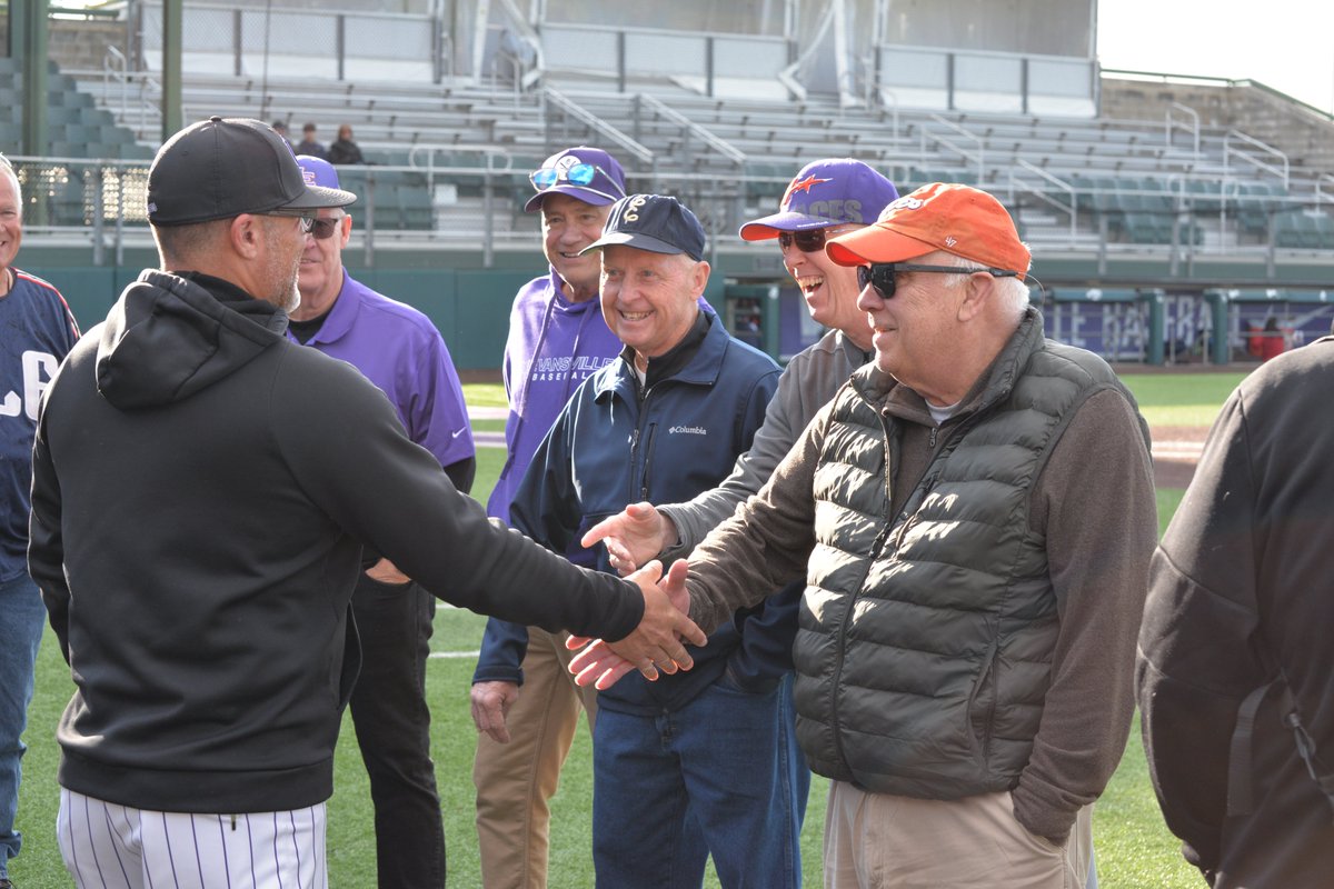 UEAthleticsBASE's tweet photo. To kick off Alumni Weekend, members of the 1976 Purple Aces were honored pregame!

Under Head Coach Bob Hodges, the 1976 Aces won their second consecutive Indiana Collegiate Conference championship, qualifying for the NCAA Division II Mideast Regional for the second year in a row

⚾️ #ForTheAces x #GUAC 🥑