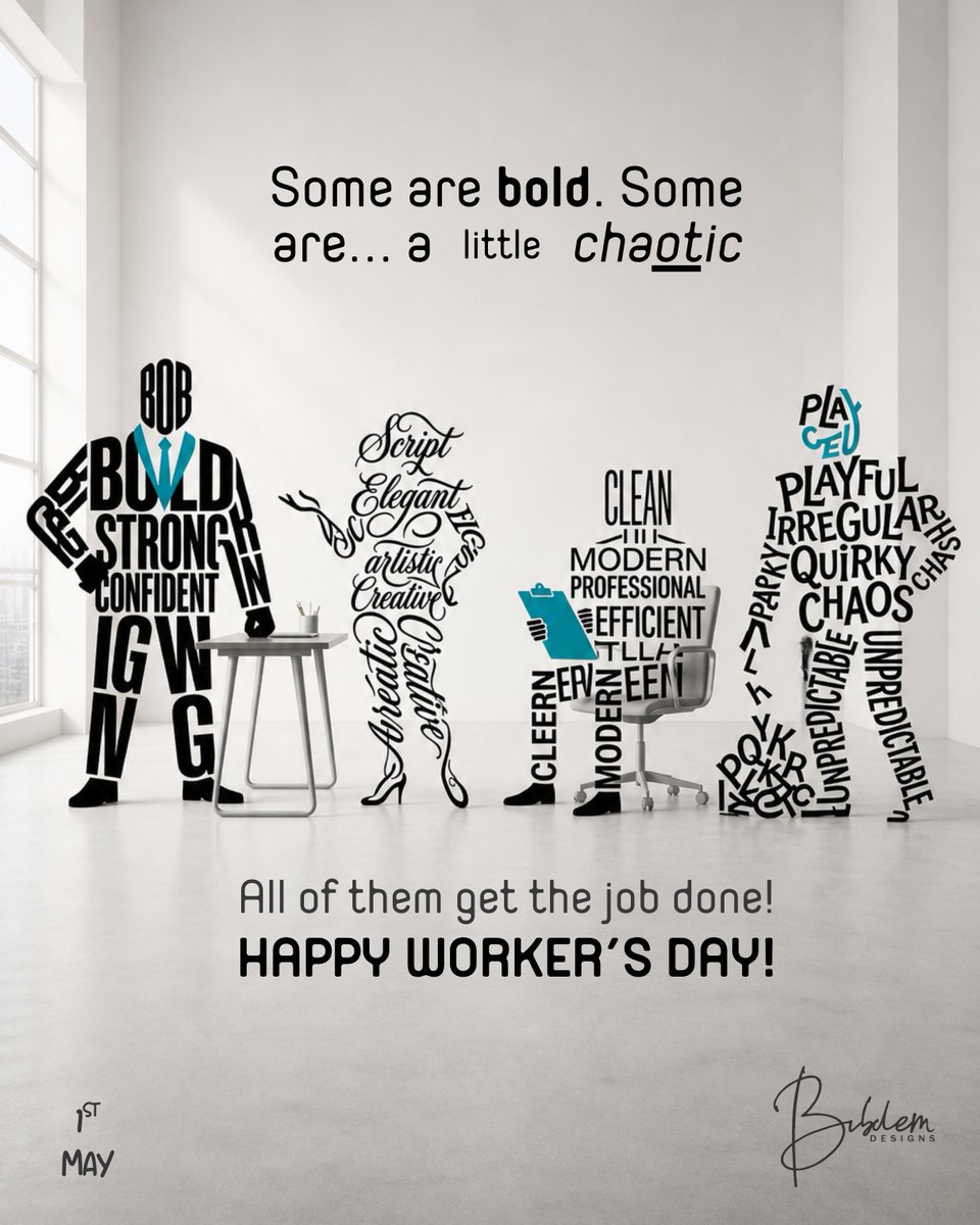 bernardidem's tweet image. Some are bold. Some are chaotic. All of them get the job done! 🛠️🎨

In design and life, variety is our greatest strength. From the clean and professional to the artistic and unpredictable.Every "character" matters!

Tag yourself,which font are you today? 👇

#WorkersDay #Graphic