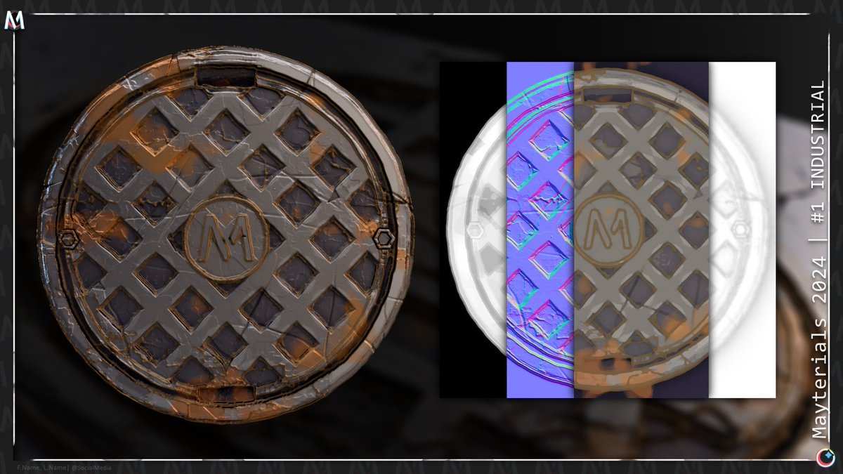 Teh1Person0's tweet photo. It's #Mayterials!! One of my favorite months! So all my #gamedev content will be spliced with materials.
Shoutout #MaterialMaker for being so dang good.
For Industrial went with a Manhole Cover, might have overdone the damage... @TheClubDiscord https://t.co/sshDQ8iMn1