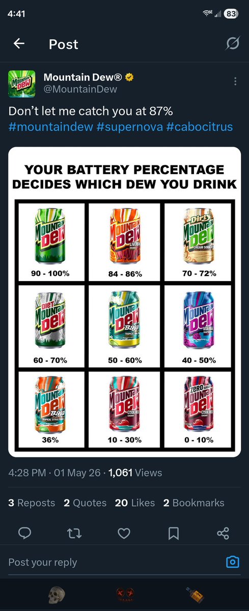 The_Vo1D's tweet photo. @MountainDew 83% no Dew for me 🥲 https://t.co/16yjBCiOUy