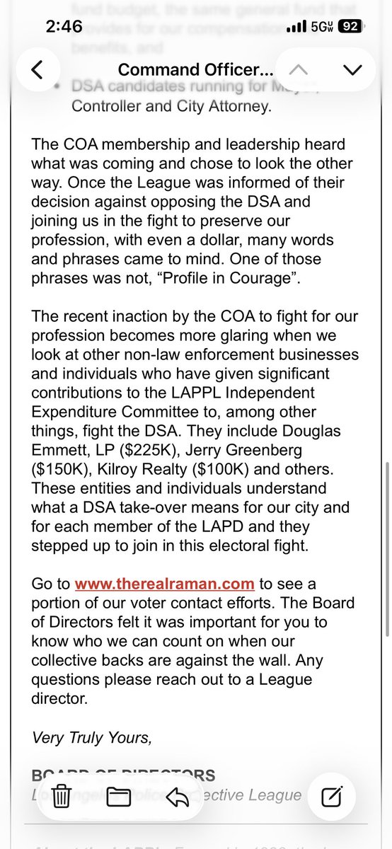 currentreportla's tweet photo. The Los Angeles Police Department command staff #LAPD represented by the Command Officers Association (COA), just made it official:

They refused to contribute a single dollar to support the Los Angeles Police Protective League @LAPPL  in pushing back against the Democratic Socialists of America agenda targeting the LAPD.

NOT ONE DOLLAR.

Let that sink in.

While rank-and-file officers are funding the fight, exposing what’s coming, organizing, and doing the heavy lifting, COA leadership and a majority of its members chose to sit it out.

According to the message, they were fully briefed on:
• Efforts to cut the LAPD budget
• Plans to reduce hiring and eliminate positions
• Moves to strip key units and operational authority
• Political campaigns that could reshape control of the department

And their response?

Do nothing.

This is the same pattern we’ve been seeing:

COA rides the coattails of the League when it’s time for raises…
But disappears when it’s time to fight.

They want the benefits.
Just not the responsibility.

At a moment when the department is under direct political pressure, command staff chose silence, optics, and self-preservation over standing with their own.

Contributing Editor retired LAPD Assistant Chief Al Labrada @Al30398 will have an in-depth on this developing story on https://t.co/V4Wv3slQW1