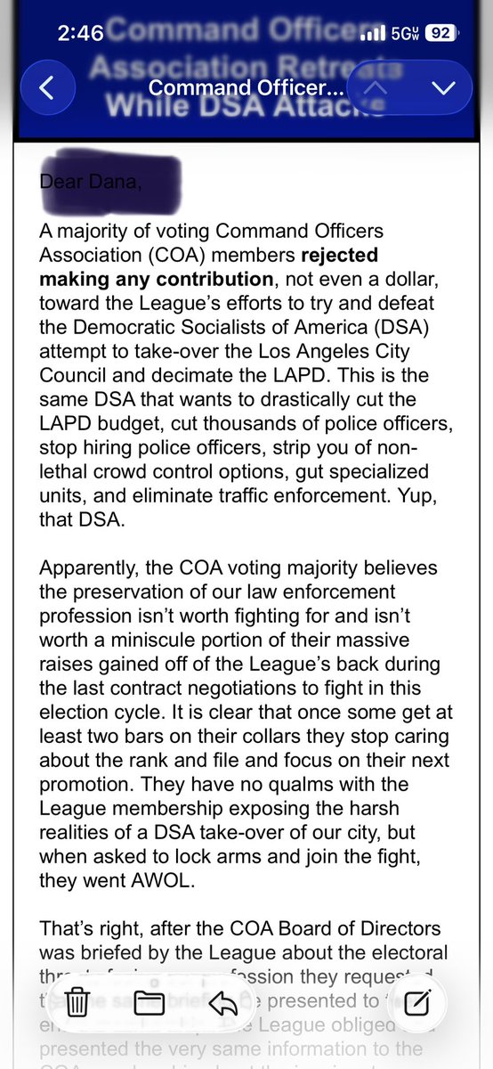 currentreportla's tweet photo. The Los Angeles Police Department command staff #LAPD represented by the Command Officers Association (COA), just made it official:

They refused to contribute a single dollar to support the Los Angeles Police Protective League @LAPPL  in pushing back against the Democratic Socialists of America agenda targeting the LAPD.

NOT ONE DOLLAR.

Let that sink in.

While rank-and-file officers are funding the fight, exposing what’s coming, organizing, and doing the heavy lifting, COA leadership and a majority of its members chose to sit it out.

According to the message, they were fully briefed on:
• Efforts to cut the LAPD budget
• Plans to reduce hiring and eliminate positions
• Moves to strip key units and operational authority
• Political campaigns that could reshape control of the department

And their response?

Do nothing.

This is the same pattern we’ve been seeing:

COA rides the coattails of the League when it’s time for raises…
But disappears when it’s time to fight.

They want the benefits.
Just not the responsibility.

At a moment when the department is under direct political pressure, command staff chose silence, optics, and self-preservation over standing with their own.

Contributing Editor retired LAPD Assistant Chief Al Labrada @Al30398 will have an in-depth on this developing story on https://t.co/V4Wv3slQW1