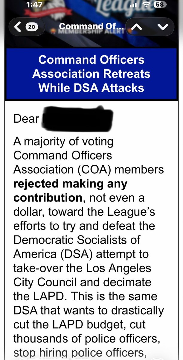 currentreportla's tweet photo. The Los Angeles Police Department command staff #LAPD represented by the Command Officers Association (COA), just made it official:

They refused to contribute a single dollar to support the Los Angeles Police Protective League @LAPPL  in pushing back against the Democratic Socialists of America agenda targeting the LAPD.

NOT ONE DOLLAR.

Let that sink in.

While rank-and-file officers are funding the fight, exposing what’s coming, organizing, and doing the heavy lifting, COA leadership and a majority of its members chose to sit it out.

According to the message, they were fully briefed on:
• Efforts to cut the LAPD budget
• Plans to reduce hiring and eliminate positions
• Moves to strip key units and operational authority
• Political campaigns that could reshape control of the department

And their response?

Do nothing.

This is the same pattern we’ve been seeing:

COA rides the coattails of the League when it’s time for raises…
But disappears when it’s time to fight.

They want the benefits.
Just not the responsibility.

At a moment when the department is under direct political pressure, command staff chose silence, optics, and self-preservation over standing with their own.

Contributing Editor retired LAPD Assistant Chief Al Labrada @Al30398 will have an in-depth on this developing story on https://t.co/V4Wv3slQW1