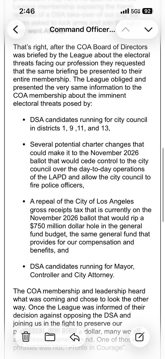 currentreportla's tweet photo. The Los Angeles Police Department command staff #LAPD represented by the Command Officers Association (COA), just made it official:

They refused to contribute a single dollar to support the Los Angeles Police Protective League @LAPPL  in pushing back against the Democratic Socialists of America agenda targeting the LAPD.

NOT ONE DOLLAR.

Let that sink in.

While rank-and-file officers are funding the fight, exposing what’s coming, organizing, and doing the heavy lifting, COA leadership and a majority of its members chose to sit it out.

According to the message, they were fully briefed on:
• Efforts to cut the LAPD budget
• Plans to reduce hiring and eliminate positions
• Moves to strip key units and operational authority
• Political campaigns that could reshape control of the department

And their response?

Do nothing.

This is the same pattern we’ve been seeing:

COA rides the coattails of the League when it’s time for raises…
But disappears when it’s time to fight.

They want the benefits.
Just not the responsibility.

At a moment when the department is under direct political pressure, command staff chose silence, optics, and self-preservation over standing with their own.

Contributing Editor retired LAPD Assistant Chief Al Labrada @Al30398 will have an in-depth on this developing story on https://t.co/V4Wv3slQW1