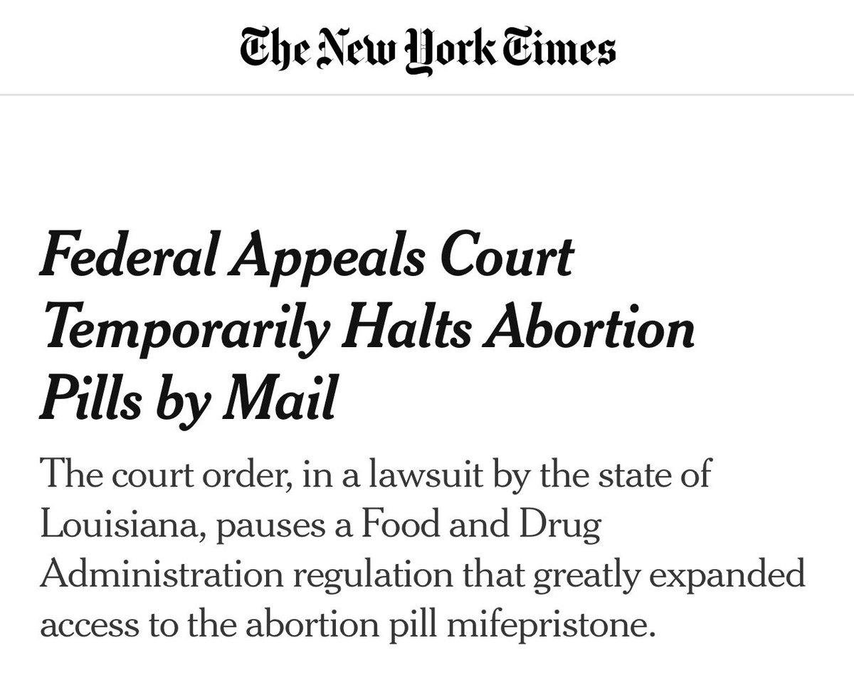 Louisiana’s lawsuit against mail in abortion pills has now resulted in a NATIONWIDE temporary ban. 

Brought to you by Louisiana and the Fifth Circuit court nytimes.com/2026/05/01/wel…