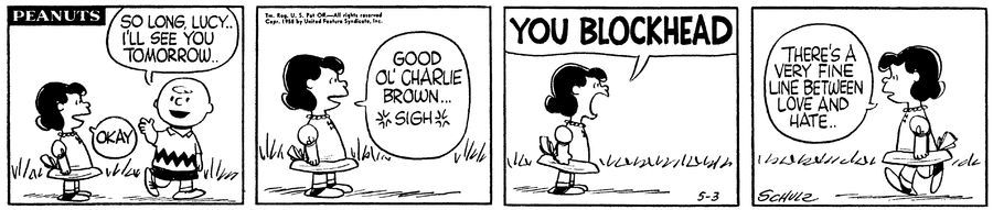 mychiller's tweet image. The thin line between love and hate 
#Peanuts from May 3, 1958