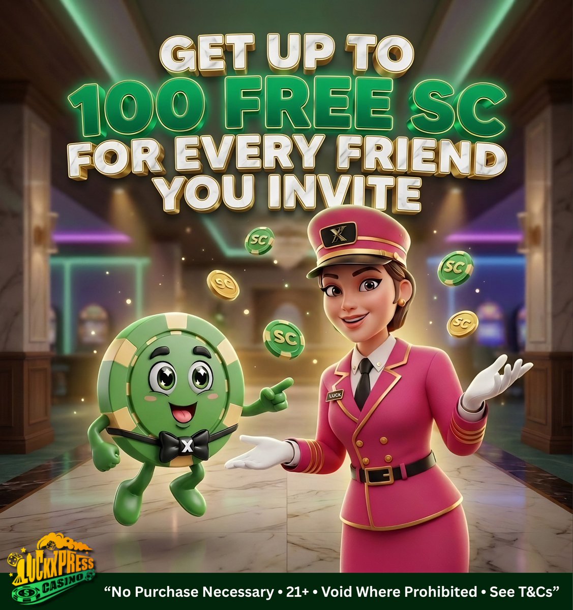 Luck_xpress's tweet photo. 🎉 Earn Rewards Inside LuckXpress

Your next reward could already be waiting… 👀

👉 Invite your friends directly from inside the platform
and receive up to 100 FREE SC for each successful invite

💬 How It Works:
• Log in to your LuckXpress account
• Go to the Refer a Friend section
• Share your unique invite link
• Earn rewards when your friends join and get started

🎁 Your Reward:
👉 Up to 100 FREE SC per friend
The more you invite… the more you earn

⚡ Simple. Seamless. Rewarding.

👇 Head inside your account and start inviting today

21+ Only • No Purchase Necessary • Void Where Prohibited • See Sweepstakes Rules & T&Cs