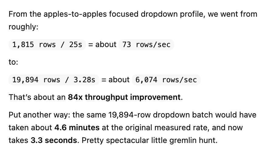 anselm_io's tweet photo. Now that the @jazz_tools v2 alpha is out, we're iterating on polish and performance. I knew there would be lots of low-hanging fruit, but today was particularly juicy.

Or a "pretty spectacular little gremlin hunt" as codex would of course say. https://t.co/GgMczZEG2b