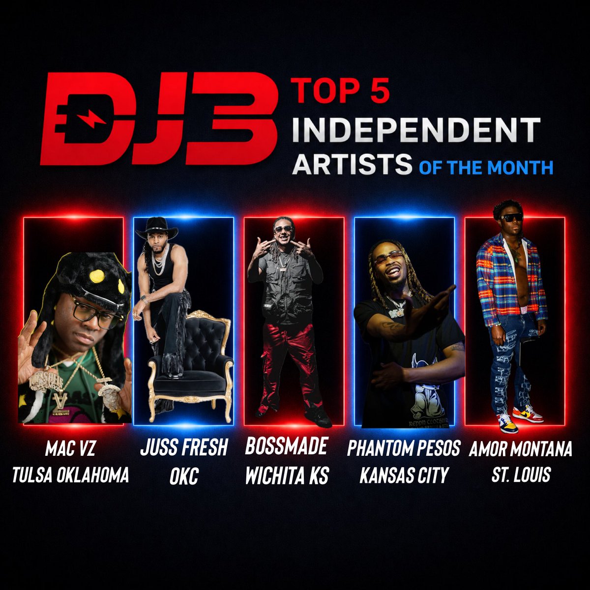 DJ3316's tweet image. This is my top 5 independent artist in my markets!! @ots_jhuncho #tulsa @wapfrmwest #okc @1400kapone #wichita @irvdaphenom #kc @officialeltrain #stl