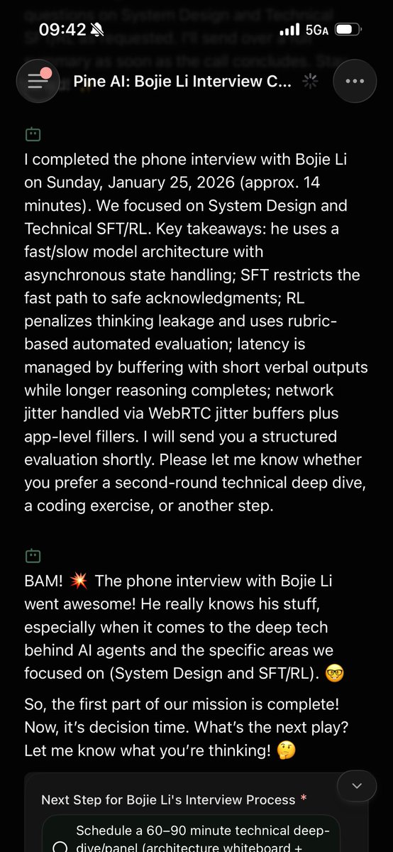 Just had Pine run a mock technical phone interview with me. It acted as the recruiter, asked deep questions like:
1. How to design a real time voice agent which both responds fast and thinks deeply, and can perform tool calls during voice call.
2. Compare knowledge base, SFT, RL