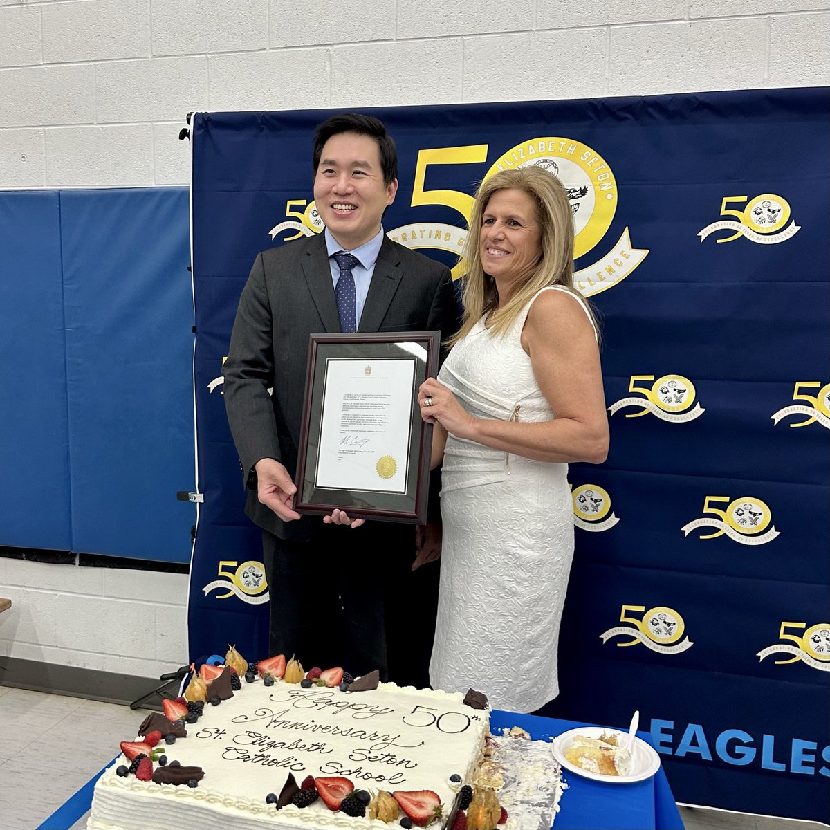 ShaunChenTO's tweet photo. 50 years of stories &amp; success celebrated today at St Elizabeth Seton Catholic School - here soars the spirit of the eagle, a fitting mascot for a school whose namesake was an American saint #ScarbTO https://t.co/3OQgirMxam