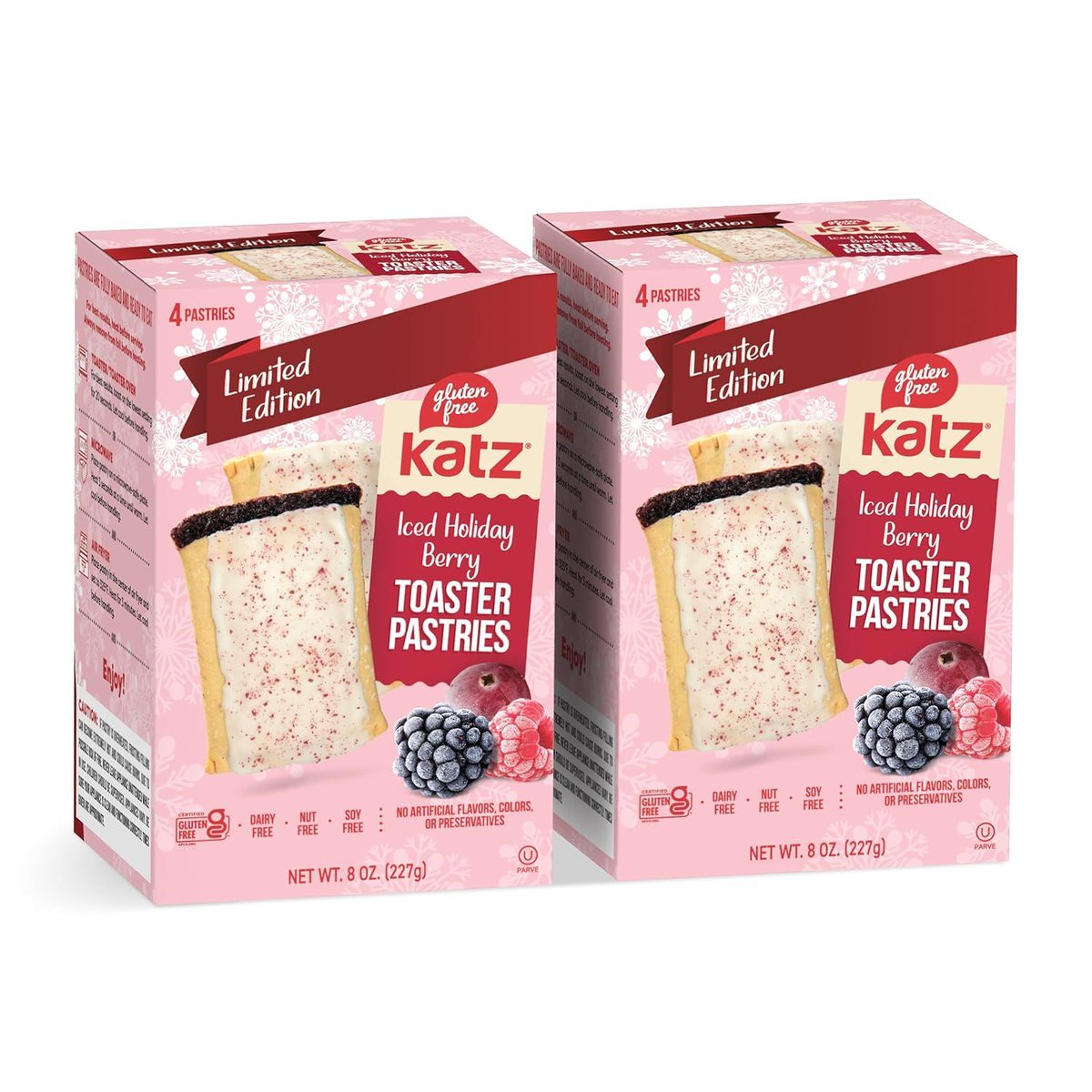 GFJourneyCAN's tweet image. Meet the #LimitedEdition Iced Holiday Berry pastries from @katzglutenfree . They’re everything you remember, flaky crust, sweet berry filling, and that iconic vanilla glaze, but totally #GlutenFree, #DairyFree, and #NutFree! 🙅‍♀️🥜

Find them here 🛒: amzn.to/4elNS9n
