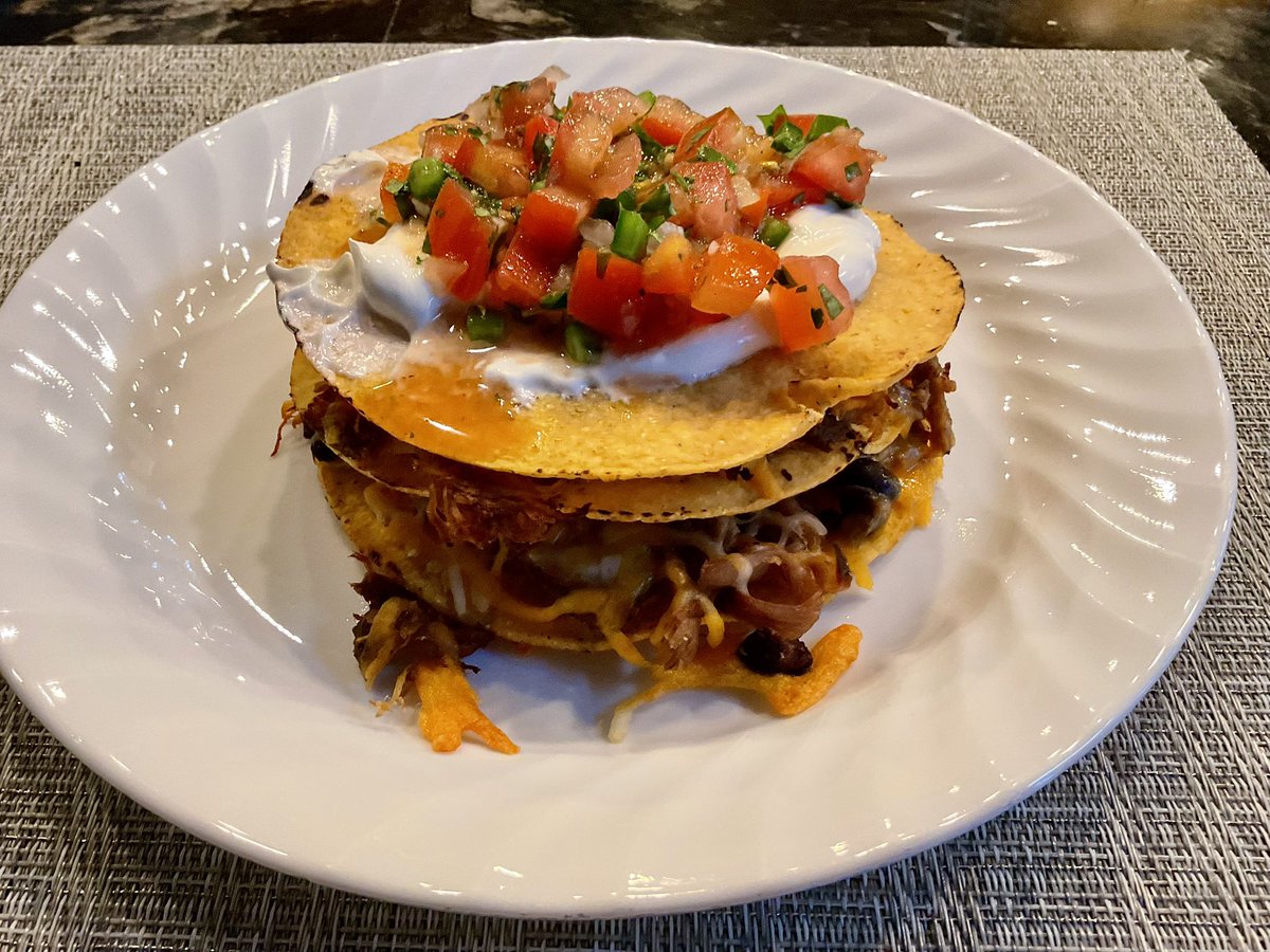 HammerHeadcases's tweet image. #dinner tonight was a triple decker pulled pork tostada with black beans, cheddar, avocado, sour cream and fresh pico! #amazing 

#twittersupperclub #Foodie #foodiefriday #Foodies #Cook #cooking #chef