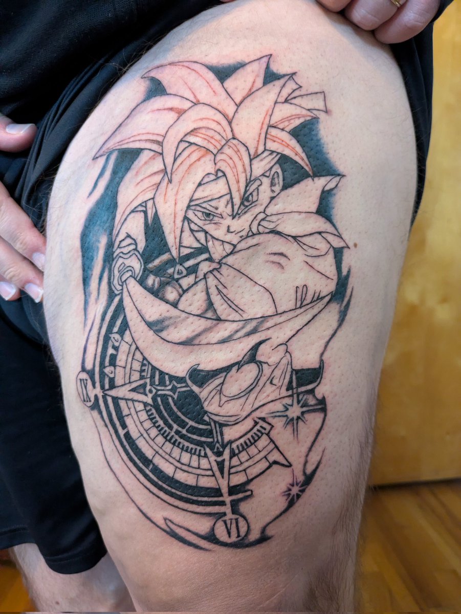 toorima99's tweet photo. Started my #ChronoTrigger tattoo this week. Excited to get it colored later this month. Very excited and happy with what I have so far. My artist has been fantastic. https://t.co/WzqQDX0m13