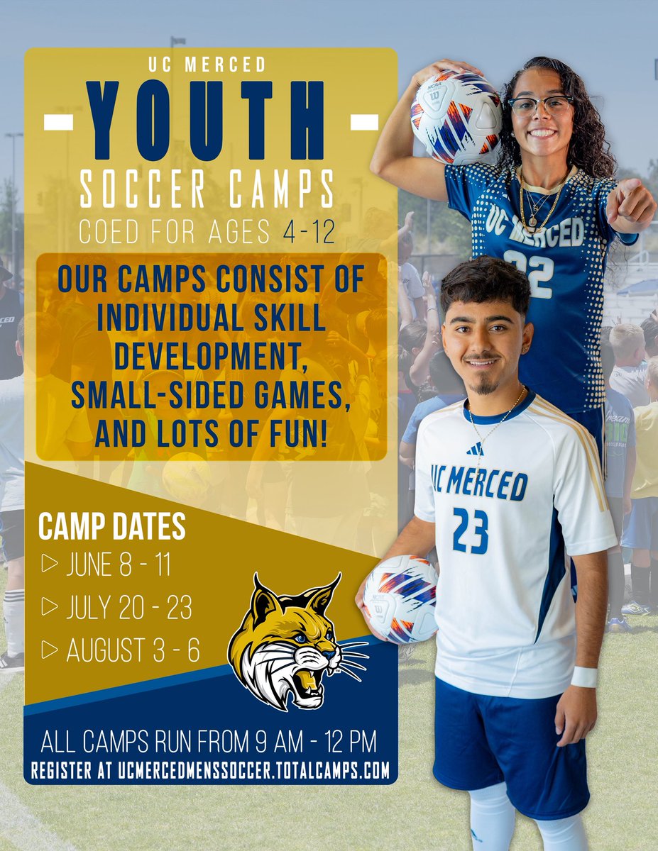 UCMercedBobcats's tweet photo. Looking forward to another amazing summer of soccer camps!

REGISTER >>> https://t.co/SIwbJDUntZ https://t.co/6T6gneiXzc