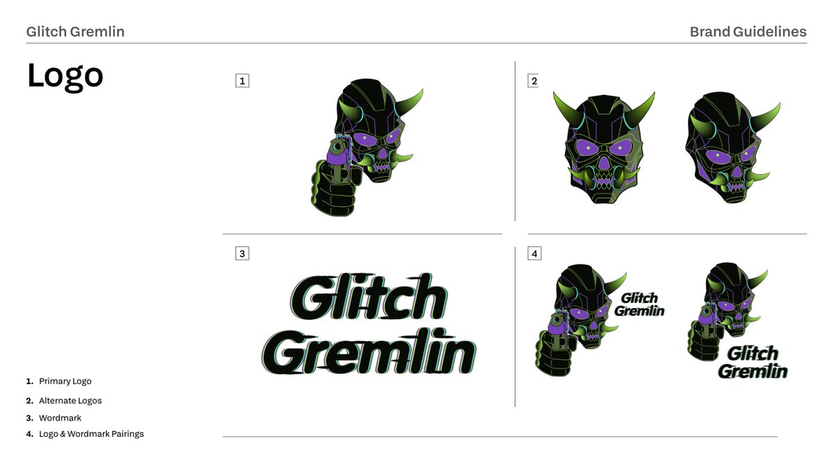 kellykieldesign's tweet image. Brand identity system for YouTuber and streamer @GlitchyGremy  (Glitch Gremlin), based on the Oni-inspired Tech Demon mask from GTA Online.
Twitch: GlitchGremlinGG
YouTube: GlitchGremlin
#brandidentitydesign #logo #graphicdesign #graphicdesigner #design #adobe #affinity