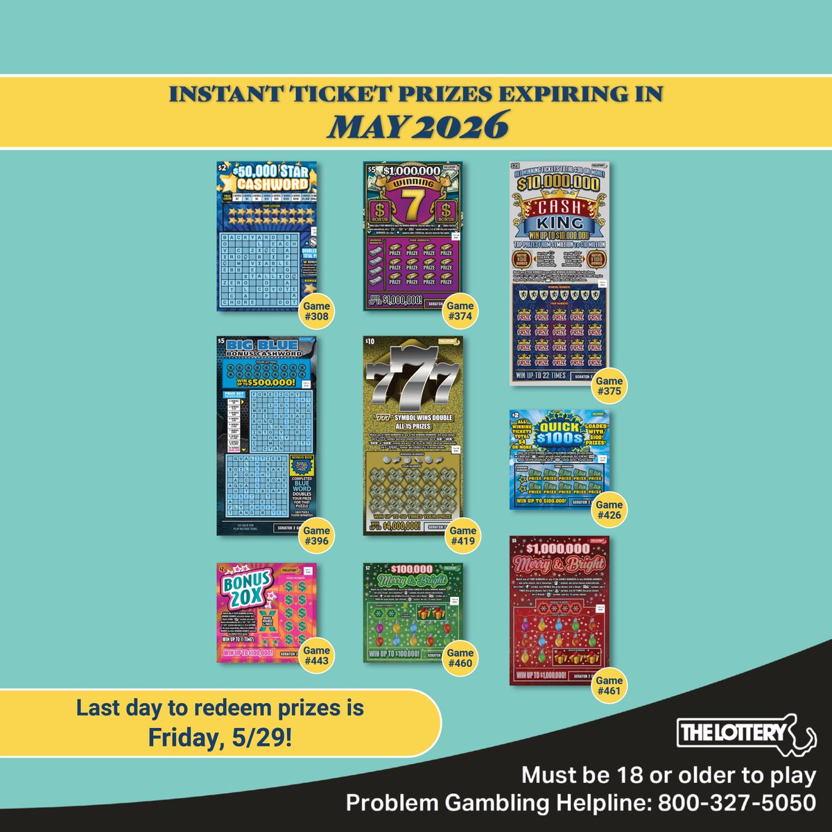 MAStateLottery's tweet image. ⚠️ Last day to redeem prizes from these games coming soon!

More info &amp;gt; ow.ly/LBab50YTfcC

#MassLottery
#Lottery
#InstantTickets
#ScratchTickets
#Prizes
#ComingSoon
#Expiring
#Massachusetts