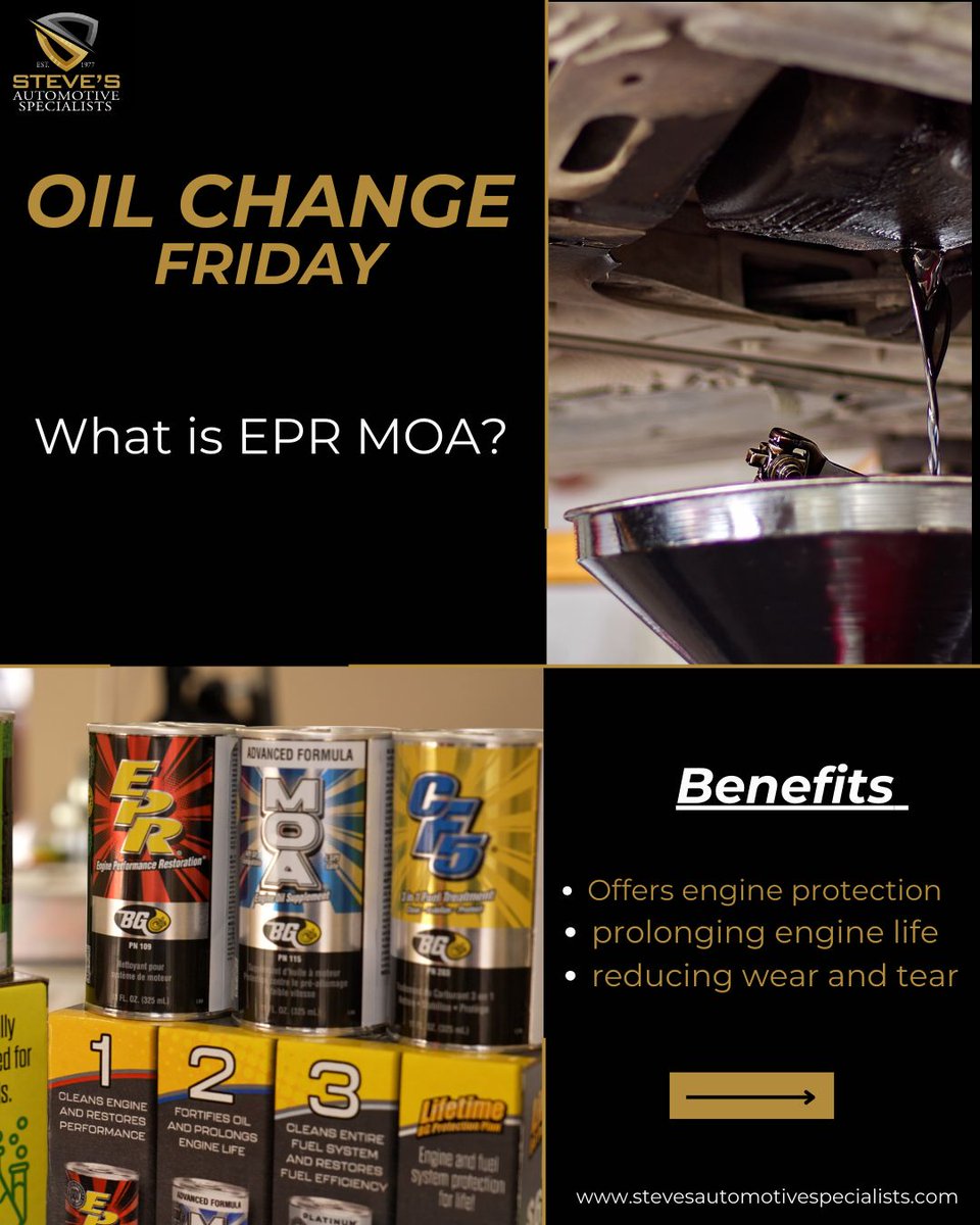StevesAutoSandy's tweet image. It's Oil Change Friday! 🛢️🥳🙌
So, what is EPR and MOA? 🤔First it stands for Engine Performance Restoration! 
Check out the post below to learn more! 👇😁
#BGproducts #oilchangefriday #additives #autocaremadeeasy #stevesautomotivespecialists #automotiveknowledge
