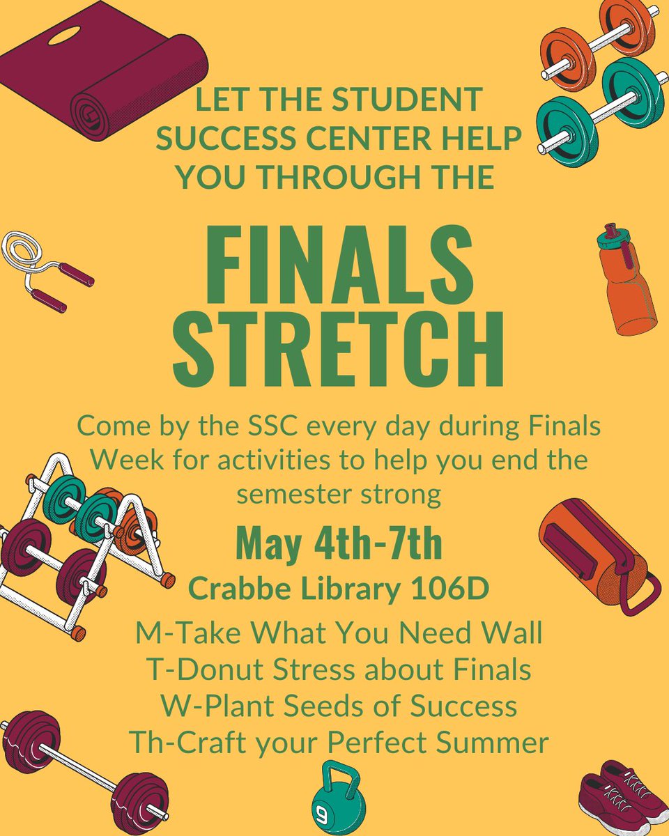 Finals week have you stressed out? Stop by the Student Success Center every day during Finals Week for a lineup of relaxing, feel-good, free events designed to help you recharge and end your semester on a high note! 🤩