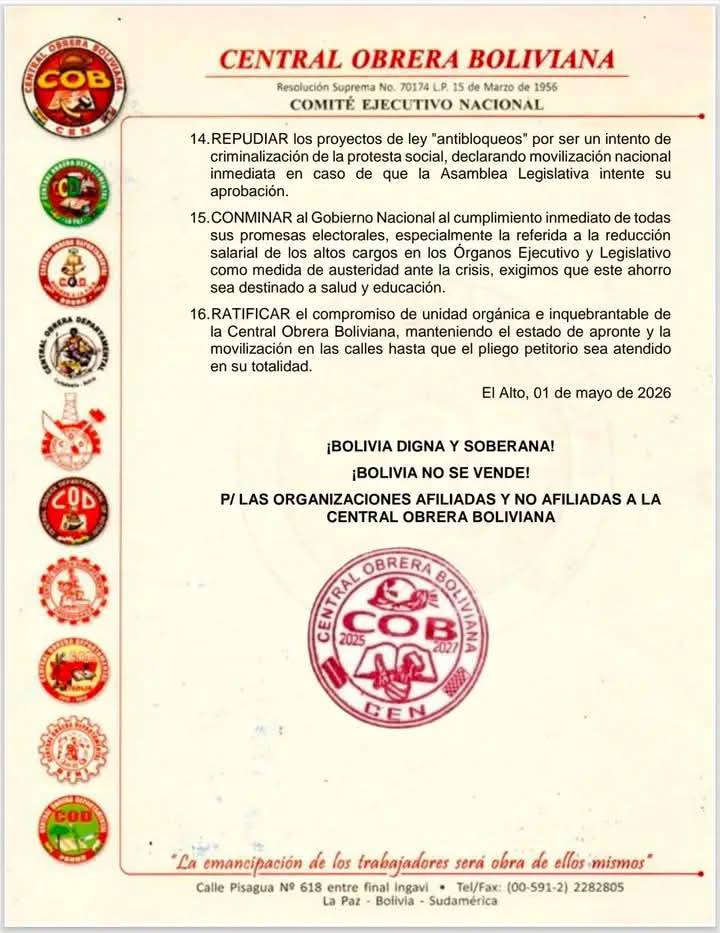 caos_desorden's tweet image. El cabildo declaró huelga general indefinida y movilizaciones permanentes hasta conseguir lo que se determinó en este. Es respuesta a un gobierno que ajusta, reprime y gobierna para unos pocos.
¡Organización y lucha!
¡Unidos hasta la victoria final!
#Bolivia