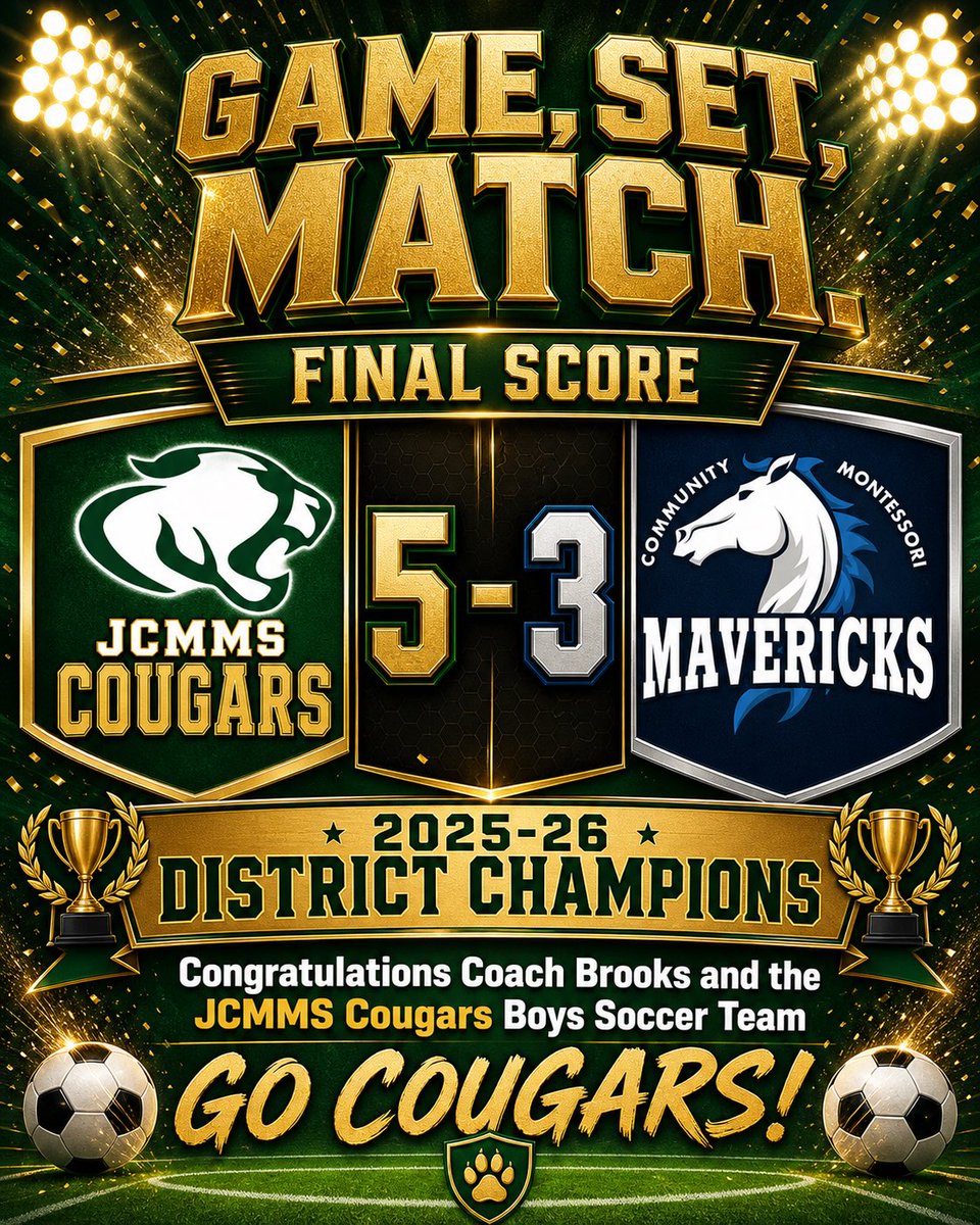 jcmmscougars's tweet image. Game, set, match! 🐾💚💛

Final Score: JCMMS Cougars 5 – Community Montessori Mavericks 3

Congratulations Coach Brooks and the JCMMS Cougars Boys Soccer Team — 2025-26 District Champions! 🏆

#JCMMS #CougarPride #CougarSoccer #BoysSoccer