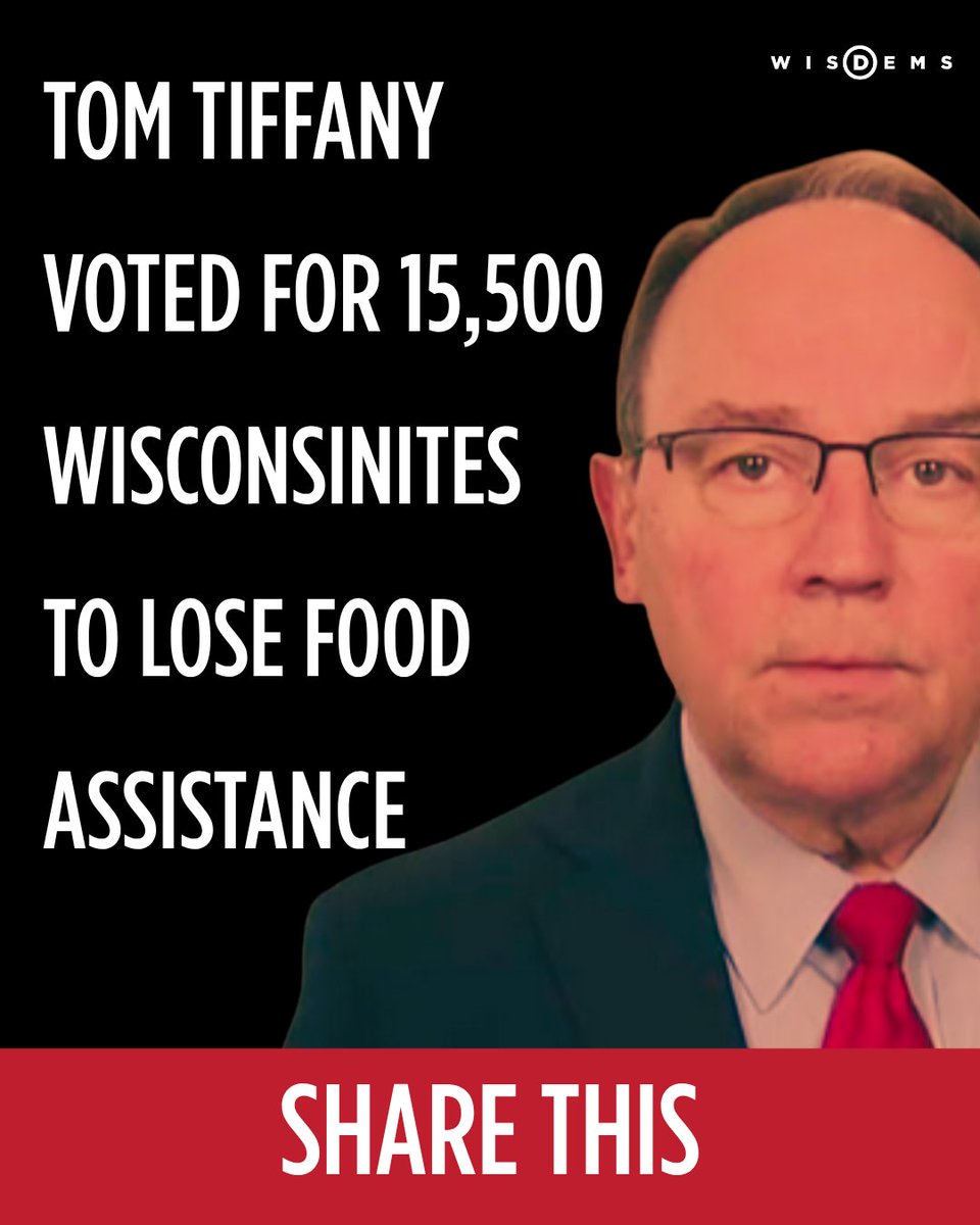 WisDems's tweet photo. Tom Tiffany supported the largest cut to SNAP ever. Now, Wisconsinites will feel that unnecessary pain.
https://t.co/5icJmhr3Nh https://t.co/202MKEelPA