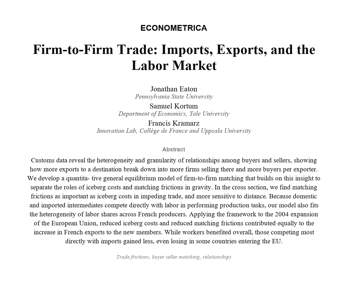 ecmaEditors's tweet photo. Gravity models usually make distance a shipping cost. What if distance also makes encounters between buyers and suppliers less likely?  A new firm-to-firm matching model fits granular customs data and helps resolve trade and labor-market puzzles.
https://t.co/CYwHKUyGPk https://t.co/GStlzOYpVk