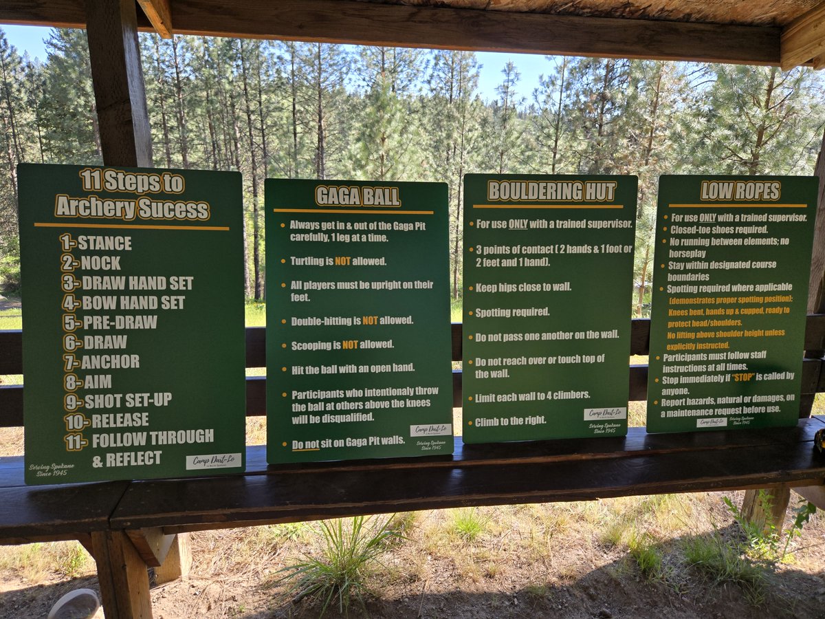 S_Sunscreen's tweet photo. We helped the Extreme Team KXLY  and @markpkxly at Camp Dart-lo with updated signs for their archery, bouldering hut, and activity areas, greenhouse repairs and decals! A great refresh for the kids who will be attending camp this summer! https://t.co/WbdDNofvFL