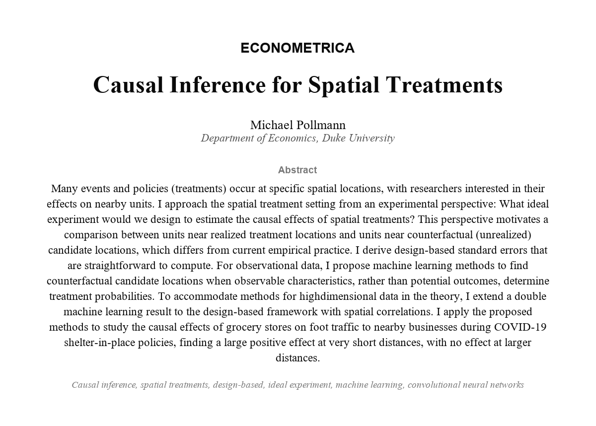 ecmaEditors's tweet photo. When treatment locations are as-good-as-random, how do we estimate causal effects on nearby observations? Use counterfactual locations, known ex-ante or predicted via neural nets, and quantify uncertainty based on the quasi-experimental design.
https://t.co/mQ260FVpKd https://t.co/NX35Td7tu2