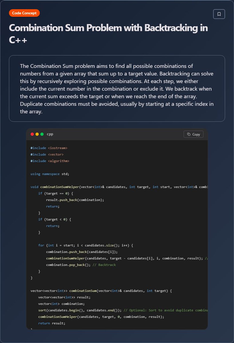 techielearnapp's tweet image. ✨ Combination Sum Problem with Backtracking in C++ (Data Structures And Algorithms)

#Algorithms #DataStructures #CodingInterview #ProblemSolving #100DaysOfCode #DevLife