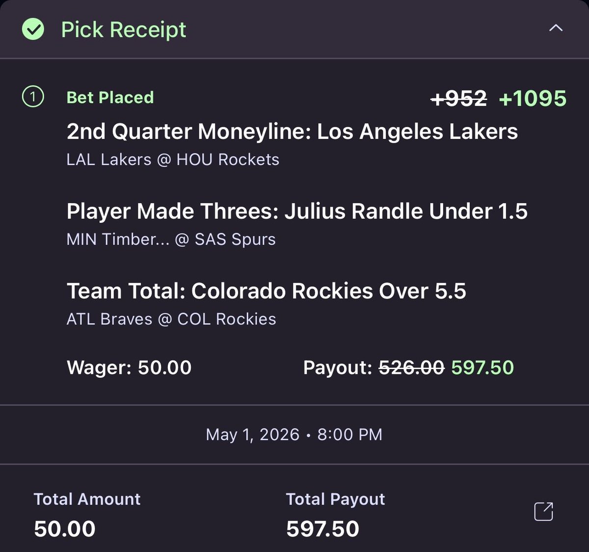 GhostEVplays's tweet image. 🏀 Onyx Odds Parlay Boost

⚾️ +1095 (FV +915.6)
+EV: 17.71%
Playing: 0.29 Units

#onyx #odds #sports #nba #mlb