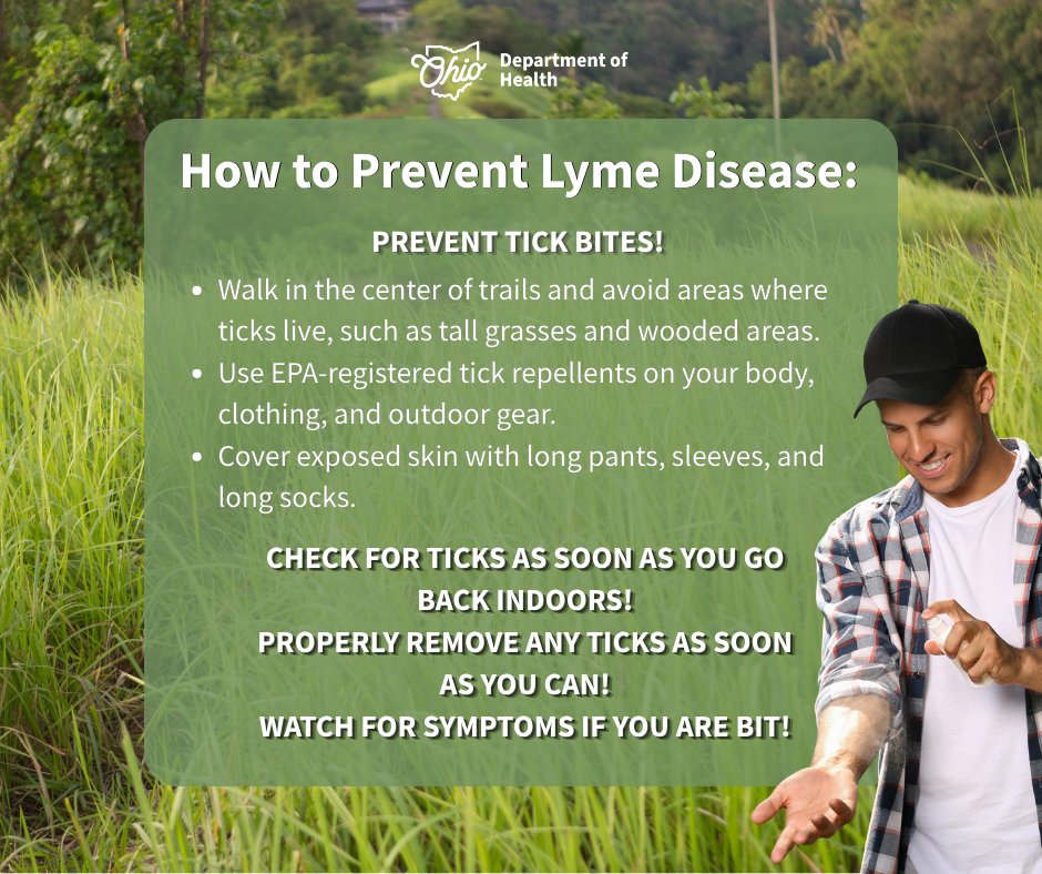 OHdeptofhealth's tweet image. Hello May, and hello 80 degree days!
Before you run outside to enjoy the beautiful spring weather, lets talk Lyme disease for a second...
Learn more about Lyme disease and tick bite prevention: bit.ly/3P9eC2I 
#LymeDiseaseAwarenessMonth #LymeDisease #Ticks