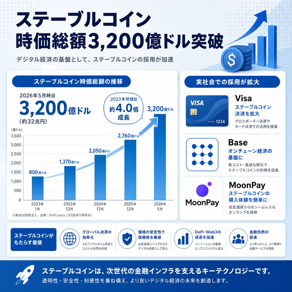 ステーブルコイン時価総額が過去最高の3,200億ドルに到達

VisaがBaseネットワークを決済パイロットに統合し、MoonPayはAIエージェント向けカードを発表。

3つのニュースが示すのは、ステーブルコインが投機の道具から日常決済のインフラへと進化していること。