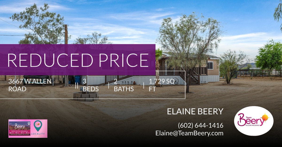 beeryrealty's tweet photo. Elaine Beery- Team Beery 
with Locality Real Estate

📍 Reduced Price 📍 This recently reduced home at 3667 W Allen Road in San Tan Valley won't last long, so, don't wait to set up a showing! Reach out here or at (602) 644-1416 for... https://t.co/YwDVEL1Nb9 https://t.co/zmOL3nYaYG