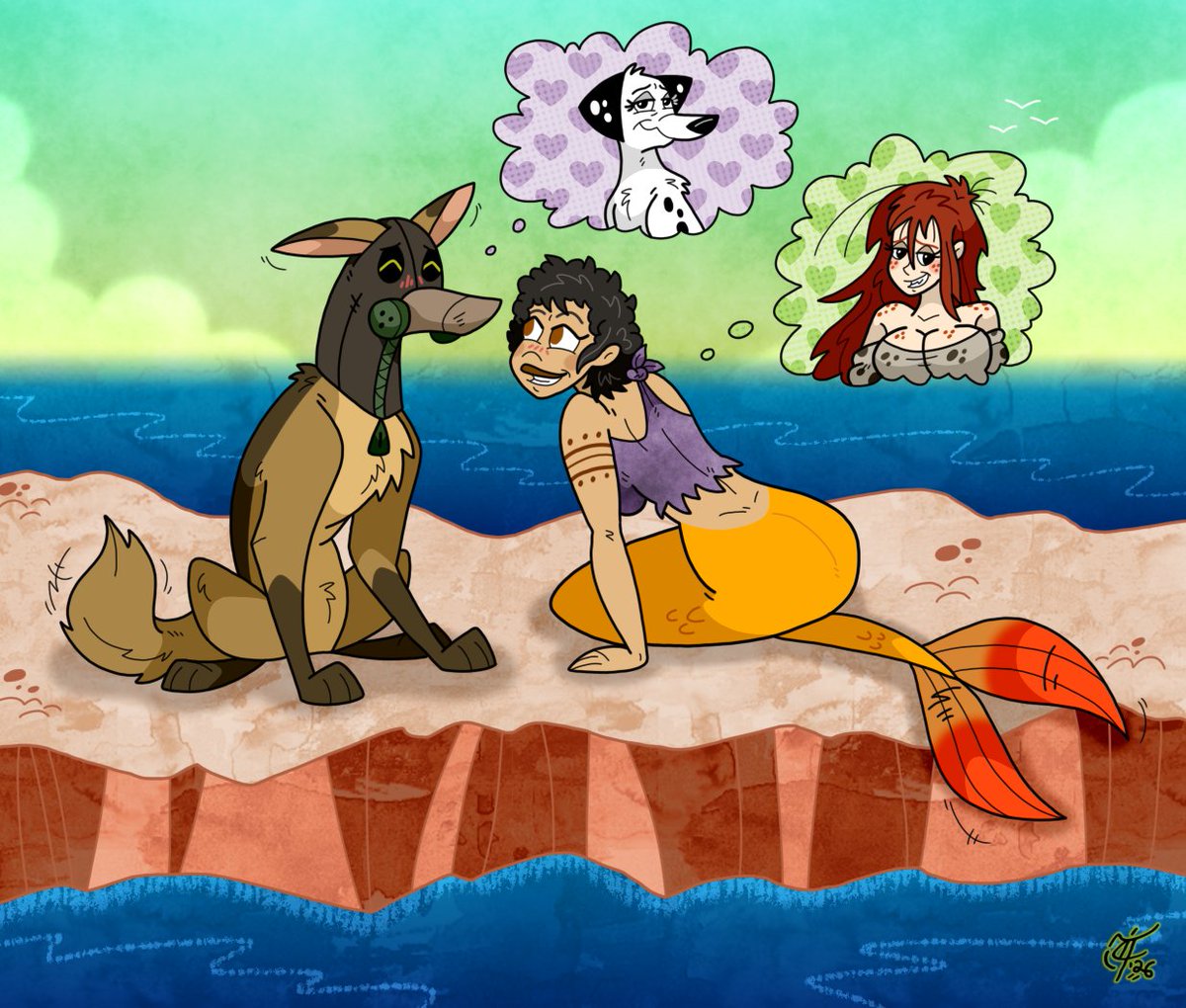 ScooterDoodles's tweet photo. Starting off MerMay this year with a little scene between two unusual best buds, Fritz and Kepi, gushing about their awesome significant others 🧜‍♀️🐾☢💜💚😉 #MerMay2026 #Kepi #mermaid #FR1T2 #FR1T2Friday #kriegshund #Dulcinea #Bevin #bestbuddies #lovetalk #mermaidart #ocart https://t.co/hFoBMQELVx