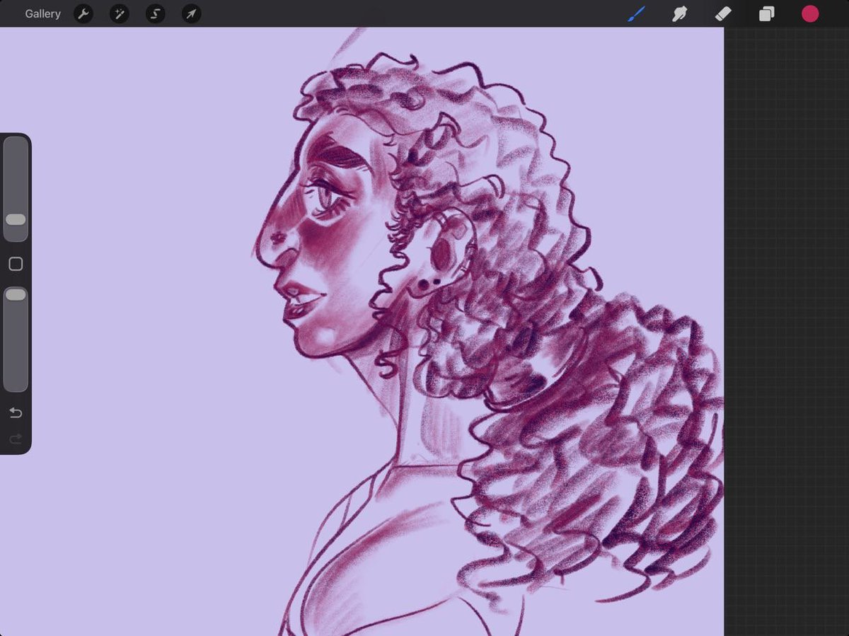 this isn’t nsfw &amp; her eye a bit too high but im trying to get Zoya’s features down. waffling between tighter and looser curls but I think I’ll go back to them being a bit looser (unfortunately loose curls are Very Difficult for me but I’ll get there)