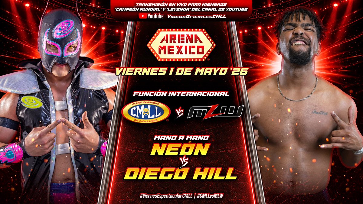 CMLL_OFICIAL's tweet image. Neón y Diego Hill se enfrentan a continuación en un mano a mano donde ambos echarán mano de lo mejor de su arsenal aéreo.  

#ViernesEspectacularCMLL 
#CMLLvsMLW 
📺 En vivo para nivel Campeón Mundial y Leyenda: youtube.com/live/F7DSmKmBp…