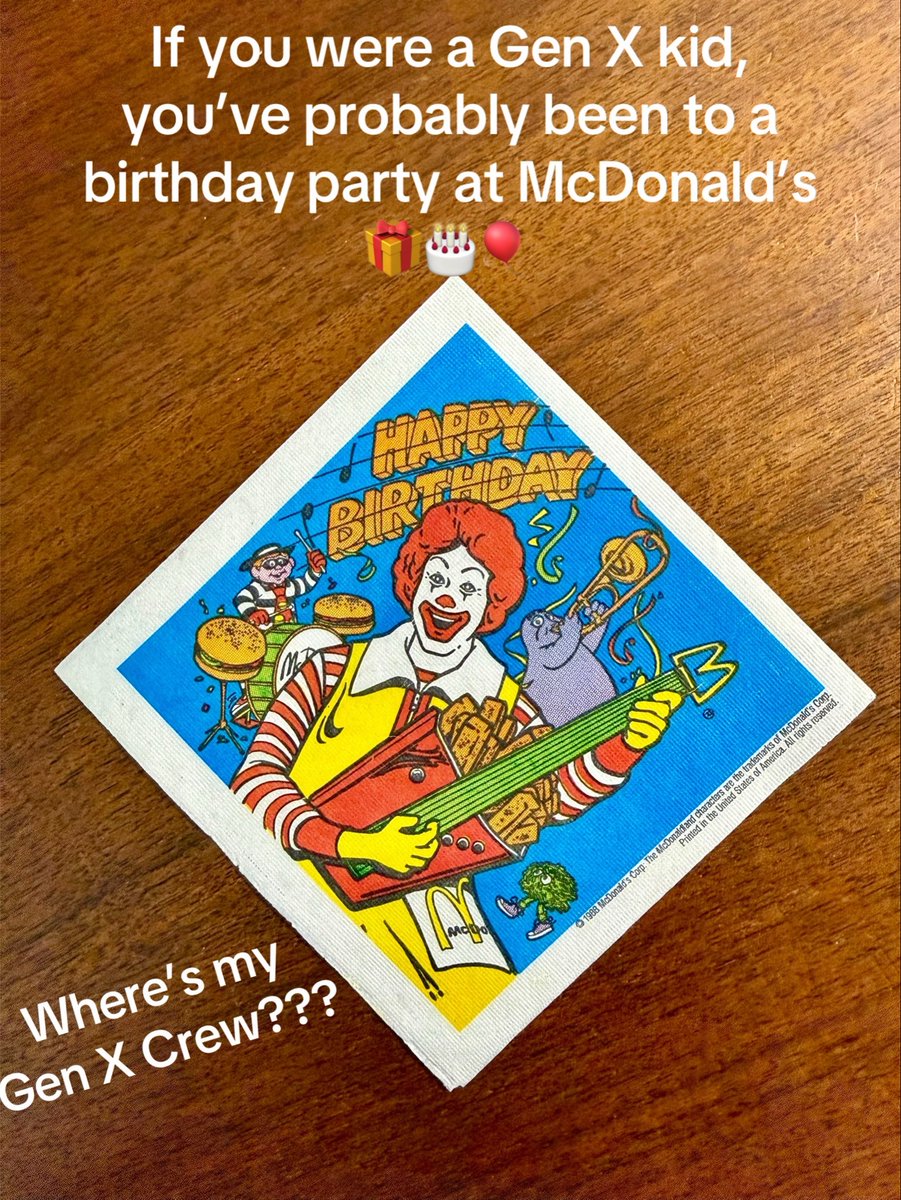 weatheredpast's tweet image. Ronald on the french fry guitar, Grimace is on trombone, and the Hamburglar’s behind the burger drums… this was the birthday party energy of 1980s 🔥 
  
Shoutout to @McDonald’s for the memories ❤️🎁🎂

#GenX #McDonalds #Retro