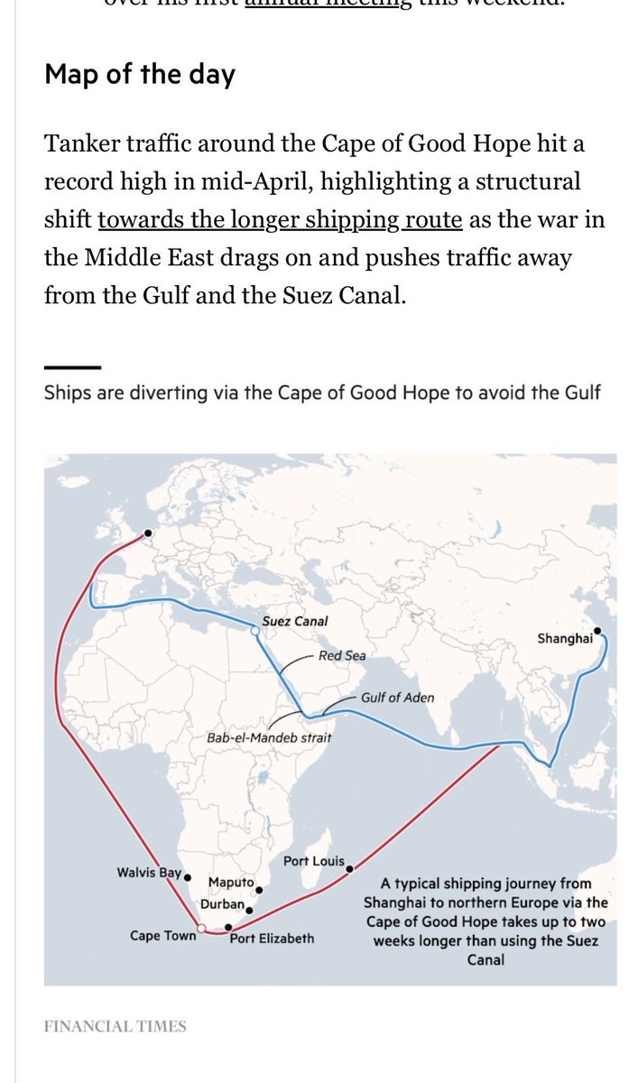 vjmahon's tweet image. “Map of the day - Ships are diverting via the Cape of Good Hope to avoid the Gulf” @FT #Iran #IsraelAndUSWarCrimes #Shipping #Trade