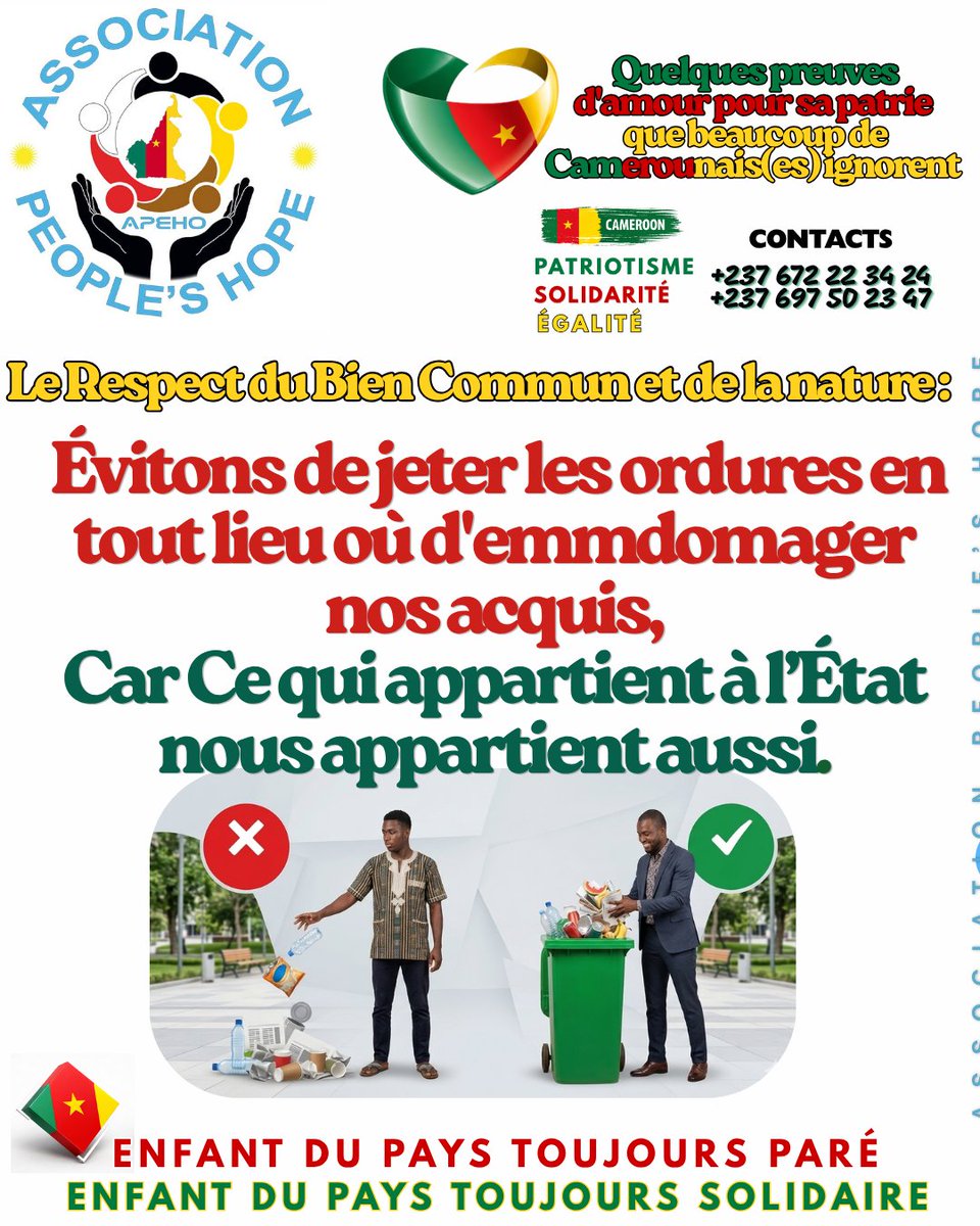 NnamConsulting's tweet image. Le Cameroun est à nous.
Arrêtons de salir ce qui nous appartient. 🇨🇲
#Citoyenneté #Respect

Cameroon belongs to us.
Let’s stop damaging what is ours. 🇨🇲
#Citizenship #Respect