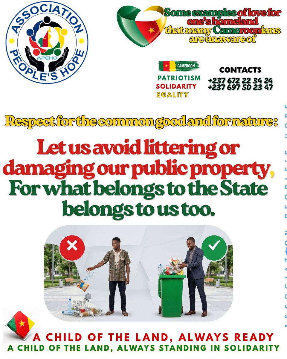 NnamConsulting's tweet image. Le Cameroun est à nous.
Arrêtons de salir ce qui nous appartient. 🇨🇲
#Citoyenneté #Respect

Cameroon belongs to us.
Let’s stop damaging what is ours. 🇨🇲
#Citizenship #Respect
