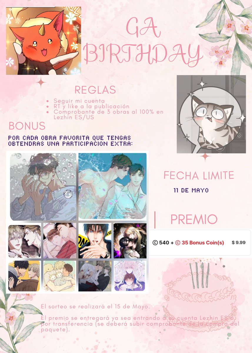 lucero_chan96's tweet photo. ¿Pensaron que lo olvide? 
✨️¡GIVEAWAY POR MIS 30'S! 😽✨️
¡Sigan las reglas y mucha suerte! 
(SOLO CON MARCA DE AGUA)
Mi regalo será compartir con ustedes la alegría que me da leer.

✨️¡Gracias por apoyar a los autores!✨️ 
@Lezhin_ES @lezhin_us @LezhinComics https://t.co/4C5JAyEewh