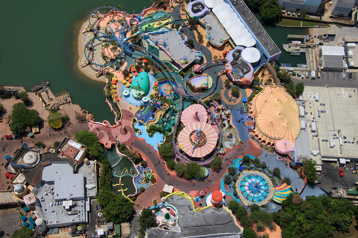 A straight-down aerial photo of Seuss Landing.