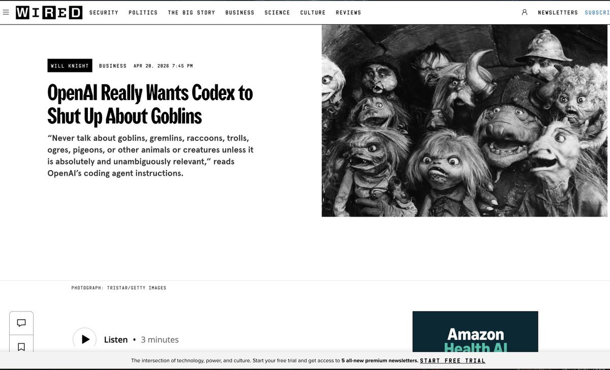 spaceboyxlex's tweet photo. The goblins might be coming for Claude.

Not literally.

But @OpenAI just took the kind of methodologically transparent post @Anthropic has been writing for five years — about reward hacking, mech interp, why models do weird things — and made it viral, charming, and self-aware.

Wrote about what that means. 🧌🧵