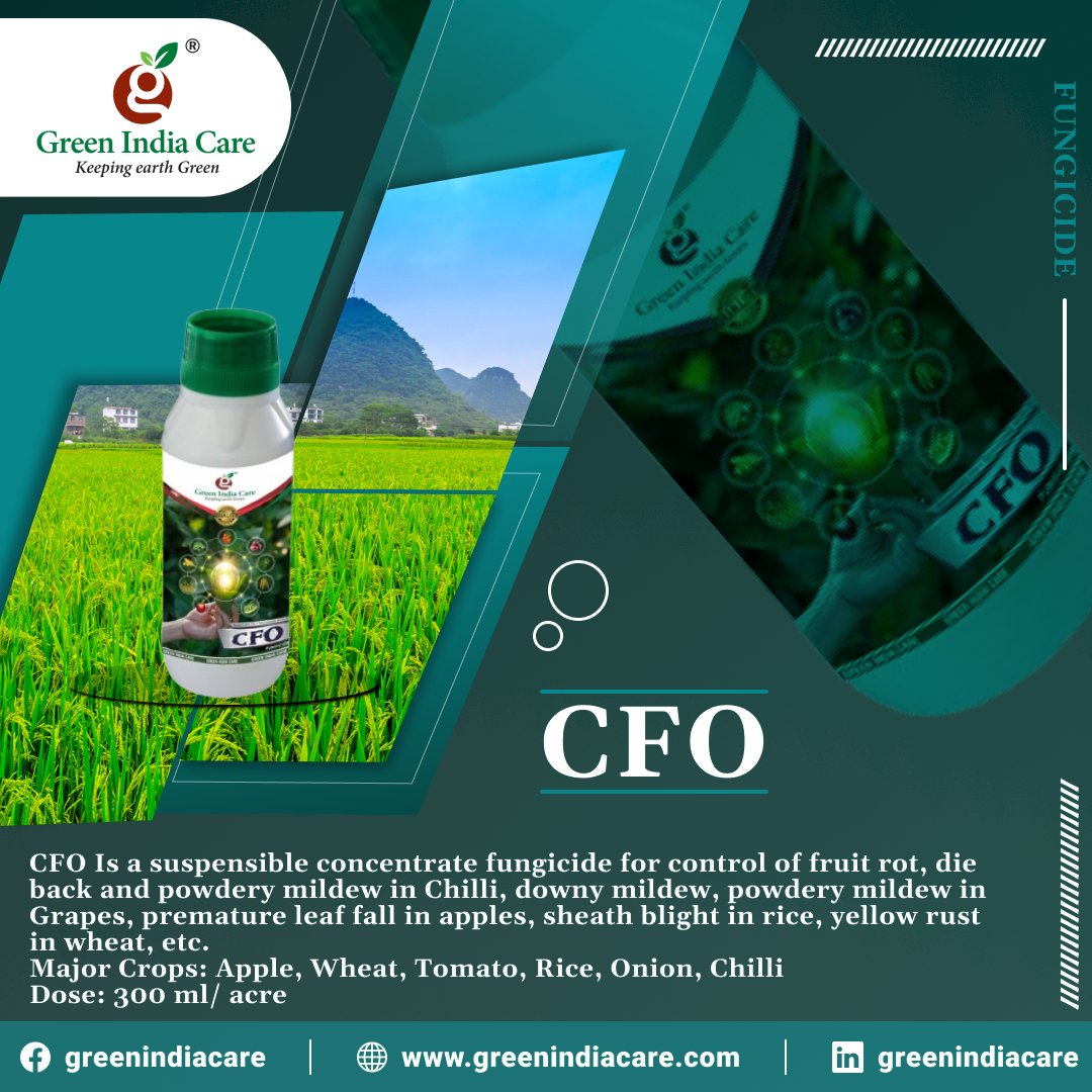 GreenIndiaCare's tweet image. Protect every crop, preserve every harvest with Green India Care CFO! 🌱🛡️

CFO is a powerful agriculture fungicide designed to defend your crops against harmful fungal diseases and ensure healthy, strong, and productive growth.

#GreenIndiaCare #CFO #AgricultureFungicide