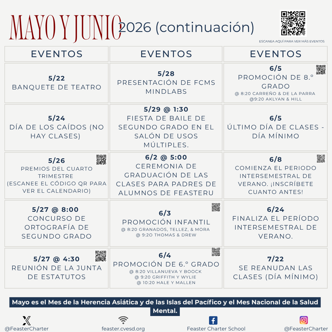 FeasterCharter's tweet photo. Our #FeasterCharter monthly events card for May and June 2026 shares a variety of school-related activities and events for you to participate in. Join us as we celebrate this month with exciting activities that bring families together! https://t.co/3cGYB93QJB