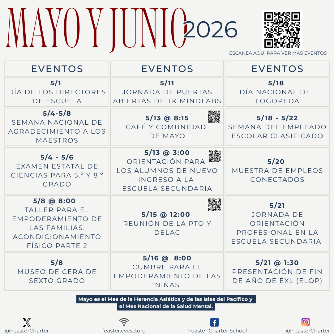 FeasterCharter's tweet photo. Our #FeasterCharter monthly events card for May and June 2026 shares a variety of school-related activities and events for you to participate in. Join us as we celebrate this month with exciting activities that bring families together! https://t.co/3cGYB93QJB
