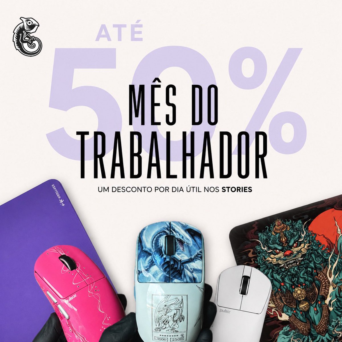 Pra comemorar o feriado do Dia do Trabalhador, preparamos um mês inteiro com ofertas imperdíveis!

Até 50% de desconto em mouses e mousepads à pronta entrega.

De segunda à sexta estaremos postando um novo desconto! Fiquem atentos!

Os mousepads já estão com o desconto aplicado