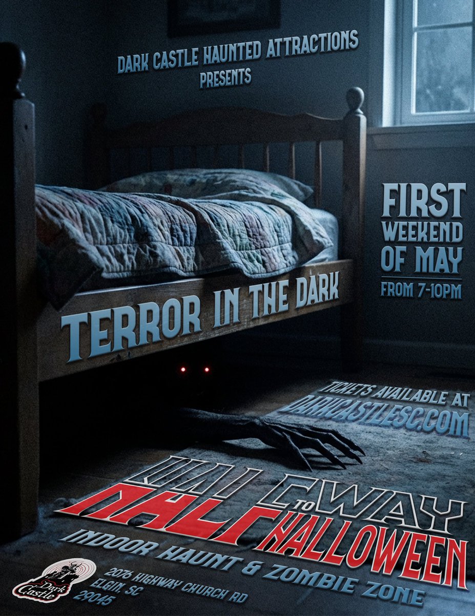 DarkCastleSC's tweet image. It all starts tonight! Join us for a terrifying celebration to Halfway to Halloween in the dark. On May 1st and 2nd from 7-10 PM all lights will be off in our indoor haunt and zombie zone! Tickets available at DarkCastleSC.com or at the door.

#hauntedhouse #halloween